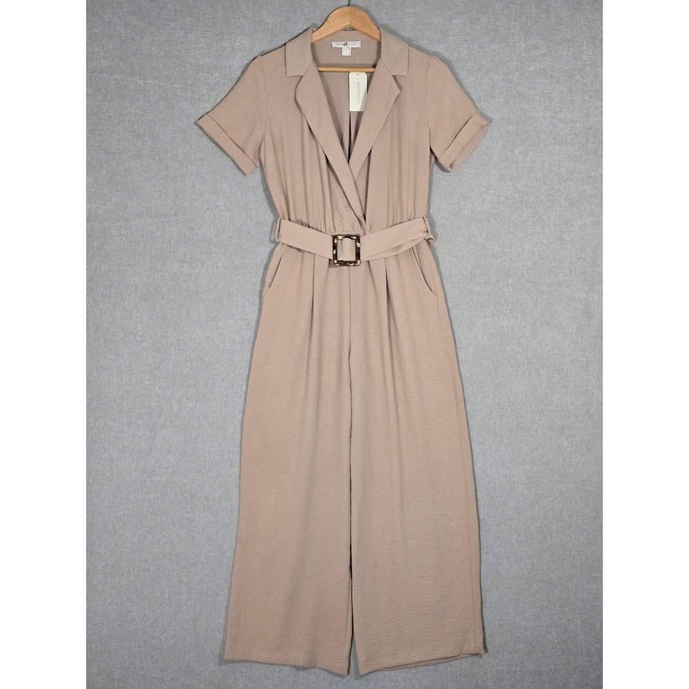 NWT Monteau Los Angeles Belted Wide Leg Jumpsuit Tan Beige Tortoise M